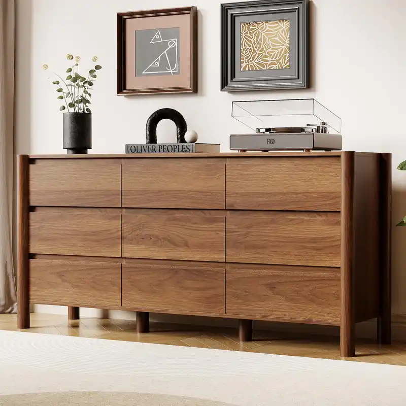 HOUROM 63" Wide 9-Drawer Dresser for Bedroom, Mid-Century Modern Chest with Solid Wood Legs, Concealed Handle,Large Wood Storage Organizer, Bedroom Storage,Walnut