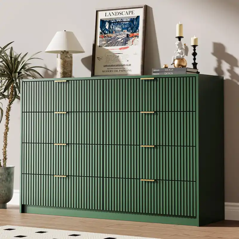 MAISONARIA Green Dresser for Bedroom, 8 Drawer Double Dresser, Modern Chest of Drawers for Bedroom, Living Room, Entryway and Closet, 55" L x 15.7" D x 37.4" H