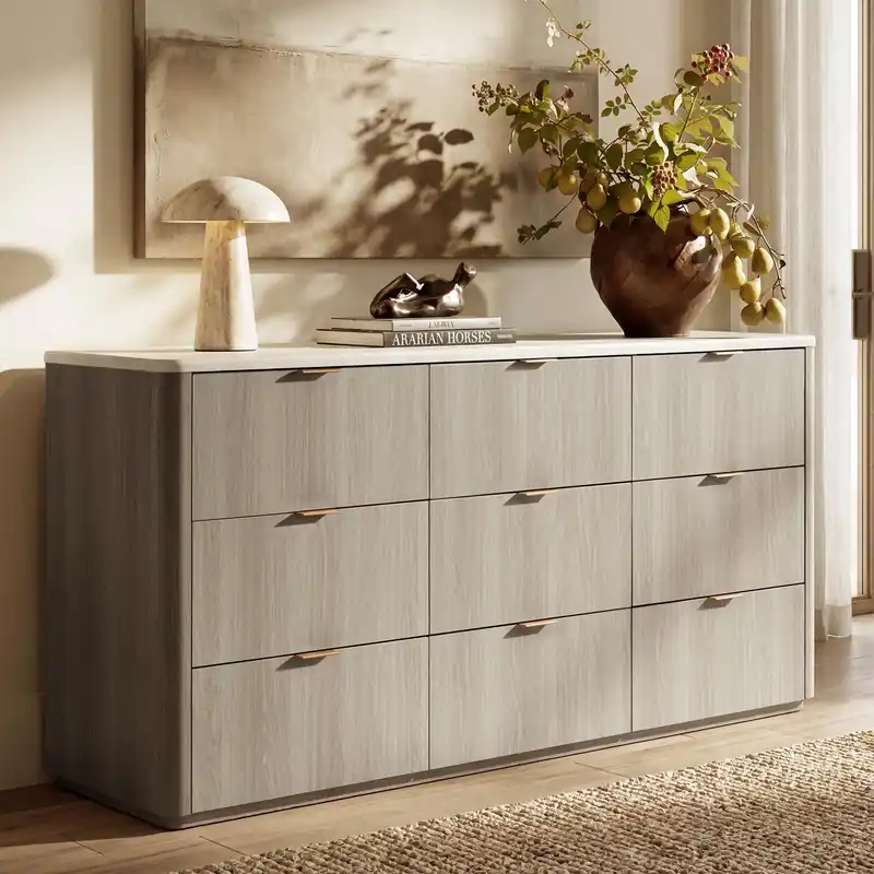 ModernMate 9 Drawer Dresser for Bedroom, 63" Wide Dresser with Faux Travertine Texture Top & Smooth Glide Drawers, Large Clothes Dressers for Bedroom Storage, Modern Tall Chest of Drawers, Grey