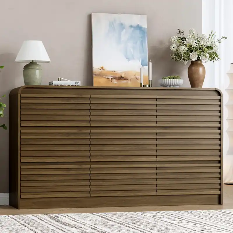 METOTI Fluted 9 Drawer Dresser for Bedroom, 59" Wide Wood Chests of Drawers with Curved Profile, Mid Century Modern Dresser with Large Storage & Hidden Handle for Hallway, Walnut