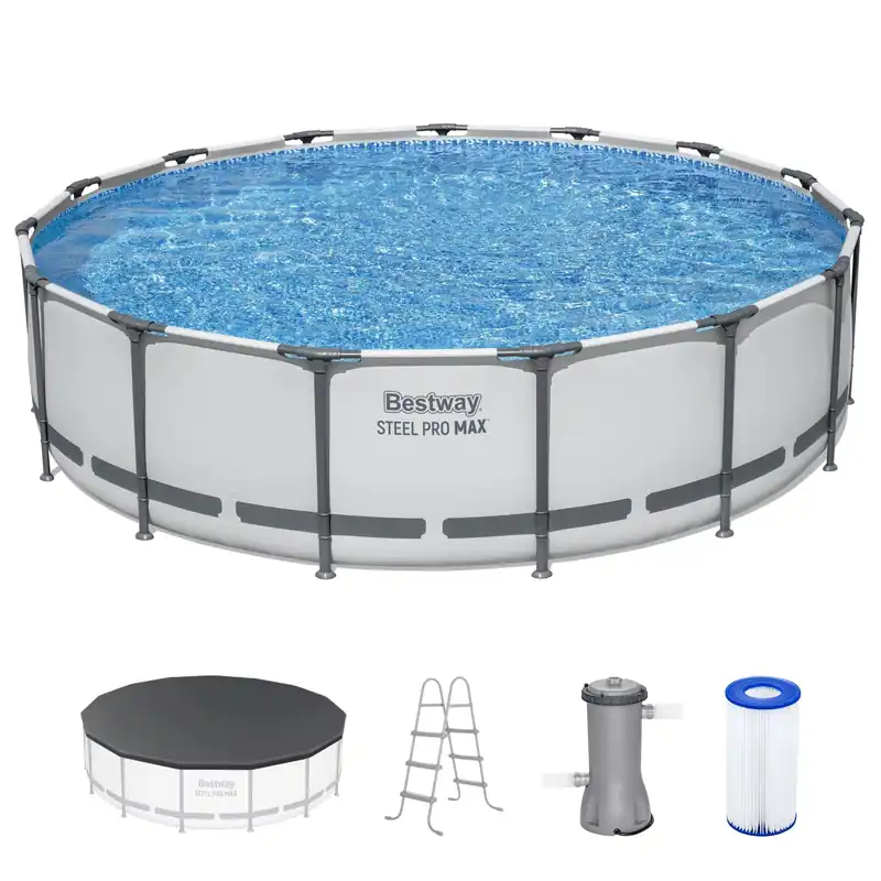 Bestway Steel Pro MAX 15‘ x 42" Above Ground Pool, Round Metal Frame Outdoor Swimming Pool Set with Filter Pump, Ladder, and Cover, Gray