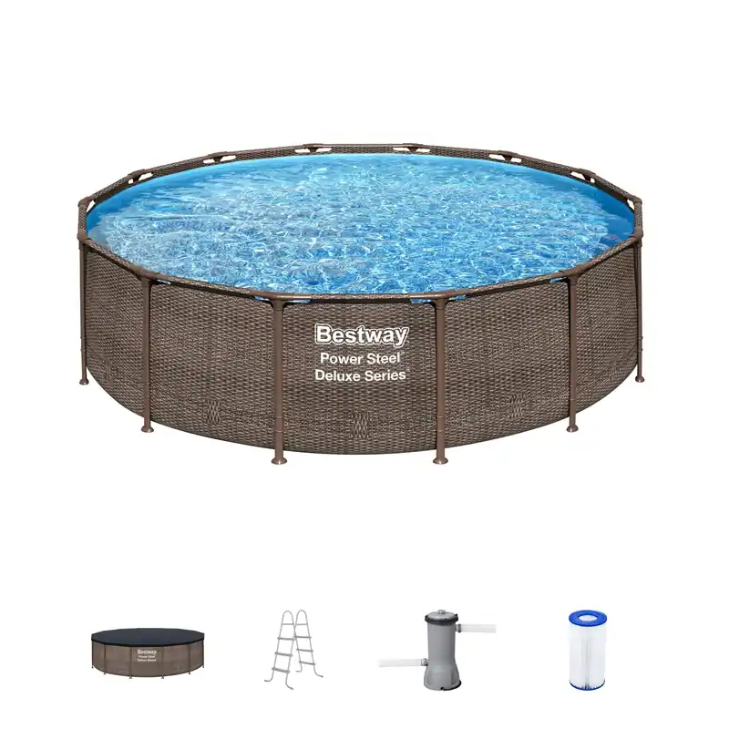 Bestway Power Steel 14’ x 42” Above Ground Pool, Round Metal Frame Outdoor Swimming Pool Set with Filter Pump, Ladder, and Cover, Brown