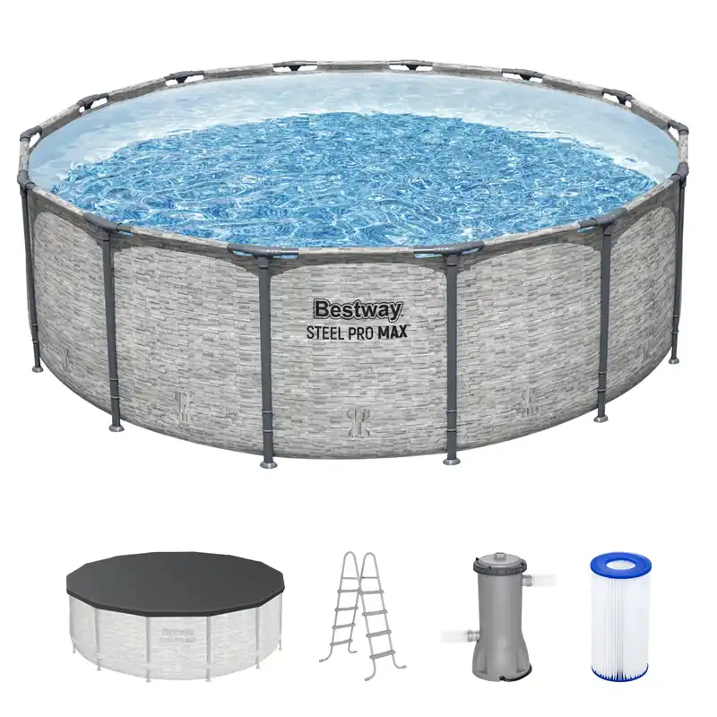 Bestway Steel Pro MAX 14‘ x 48" Above Ground Pool, Round Metal Frame Outdoor Swimming Pool Set with Filter Pump, Ladder, and Cover, Gray Stone Print