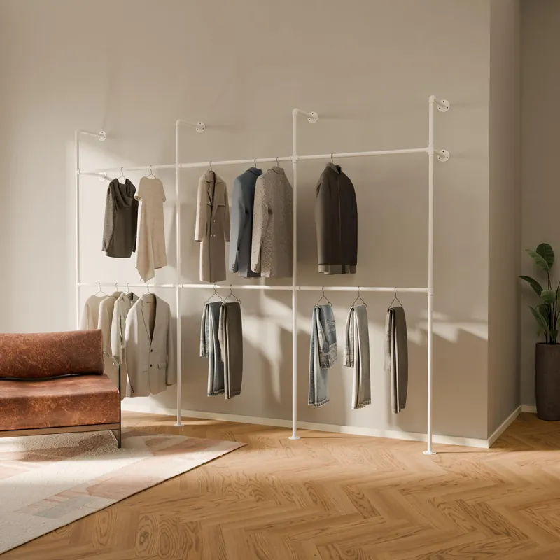pamo Industrial Pipe Clothing Rack White Metal - 880 lbs Capacity - Wall-Mounted Clothes Racks for Hanging Clothes - Modern Walk-In Closet