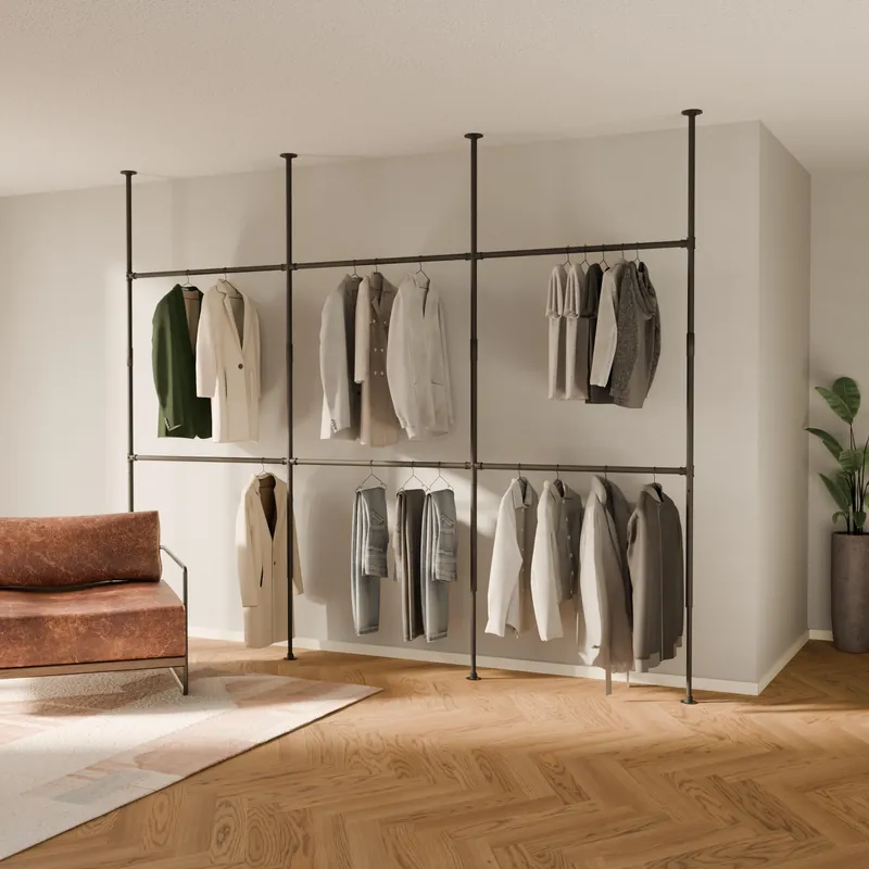 pamo Black Industrial Pipe Clothing Rack - LOFT III - Steplessly Adjustable Closet Organizer System for Ceiling Heights between 86" - 98"- Suitable as Closet Clothes Rack or Room Divider