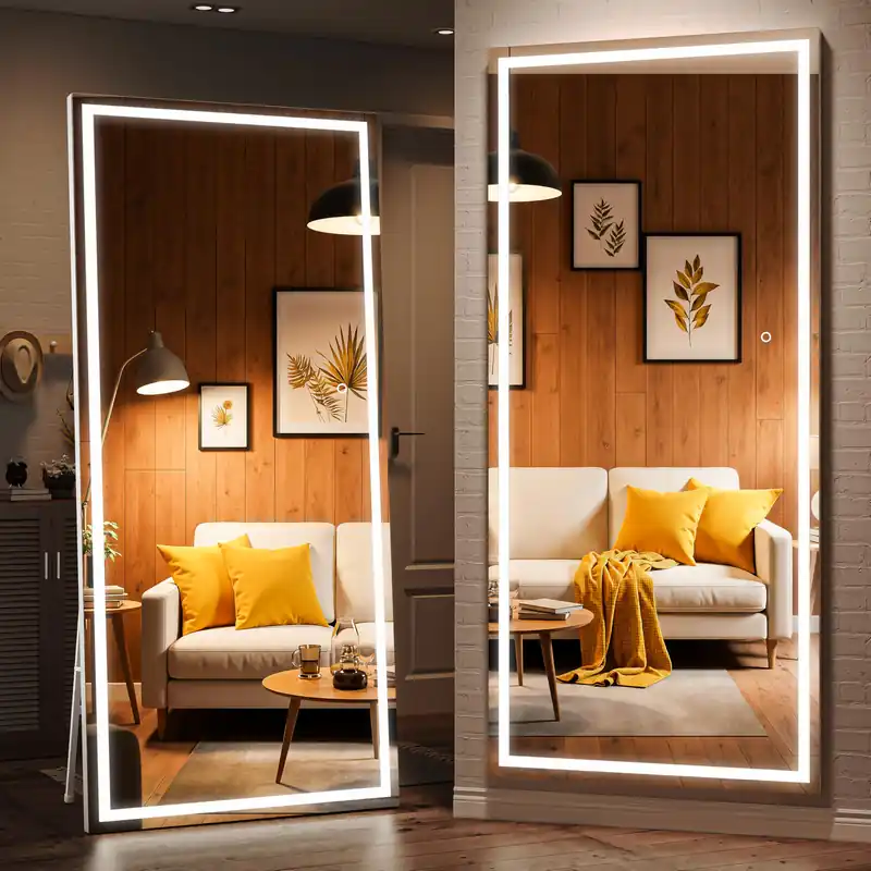 WINNICE 79" x 36" Full Length Mirror with Lights, LED Lighted Floor Standing Body Mirror, Dimmable & 3 Color Lighting for Bedroom, Cloakroom, Dressing Room, Tempered Glass, White Frame