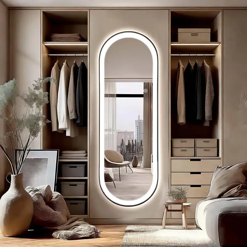 Oval Full Length Mirror with Lights, 65"×22" Long Mirrors Wall Mounted with Black Frame, Oval LED Full Body Mirror 3 Colors, Adjustable Brightness, Shatter-Proof, Deco for Salon/Bedroom/Living Room