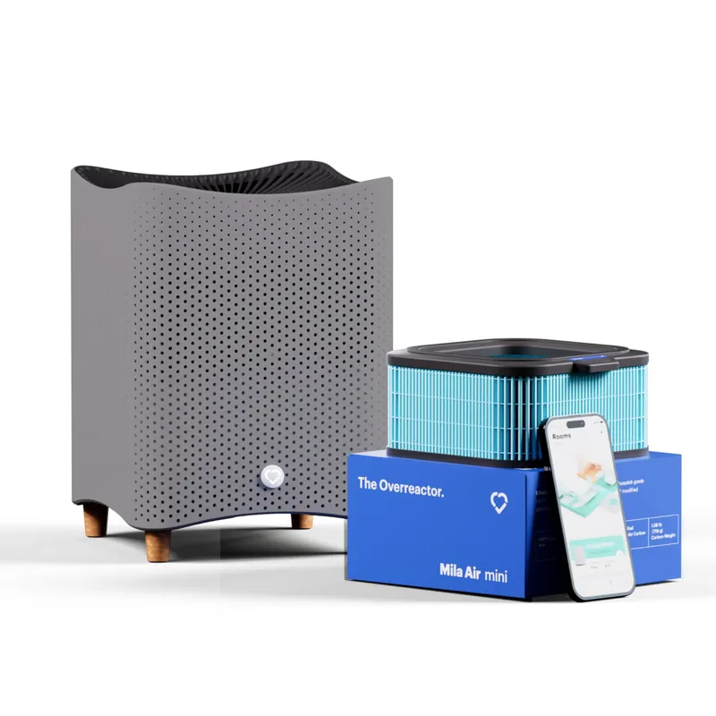 Mila Air Mini Smart Home Air Purifier with Overreactor H14 HEPA Replacement Filter, Removes Formaldehyde, VOCs, Dust & Odors, Ideal for Large Room or Bedroom, Quiet-Mode, Smoky Gray