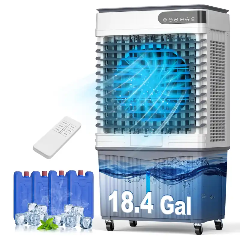 4000CFM Swamp Cooler, 4-IN-1 Evaporative Air Conditioners With 18.4 Gal Water Tank, 4 Ice Packs, Remote, 12H Timer, 120°Oscillation, 36”Portable Cooling Fan with 3 Modes&Speeds for Bedroom Indoor Room