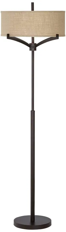 Franklin Iron Works Tremont Modern Mid Century Floor Lamp Standing 62" Tall Deep Bronze Metal Tan Burlap Drum Shade for Living Room Reading Bedroom Office House Home Decor