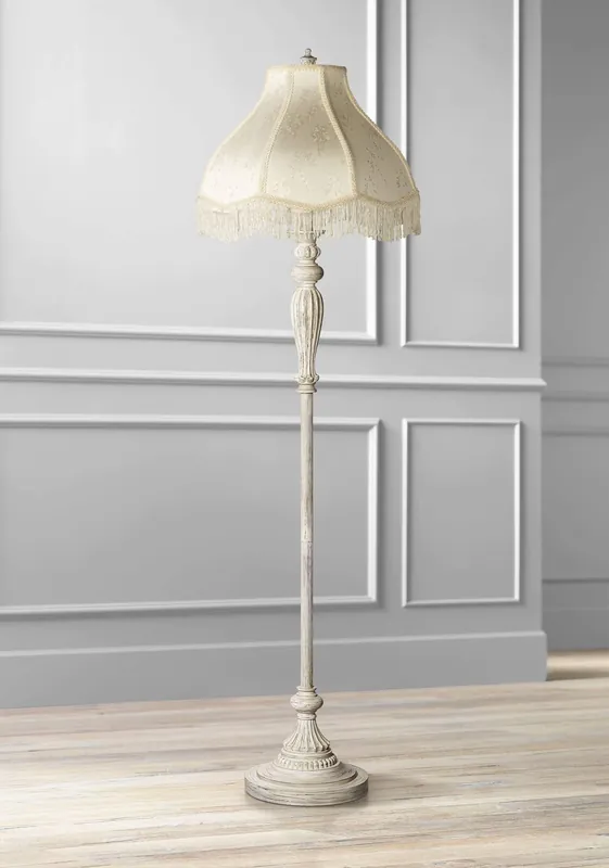 360 Lighting Traditional Vintage Shabby Chic Floor Lamp Standing 60" Tall Antique White Victorian Cream Scallop Fabric Dome Shade with Fringe Cottage Core Decor for Living Room Reading House Bedroom