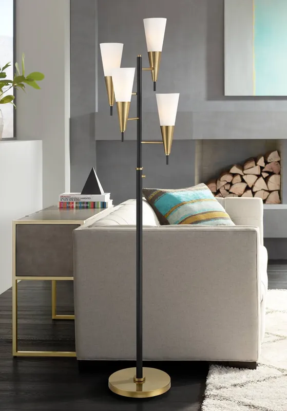 Possini Euro Design Quatro Mid Century Modern Tree Floor Lamp 71" Tall Black Warm Gold Metal 4-Light Frosted Glass Cone Shades Decor for Living Room Reading House Bedroom Home Office House