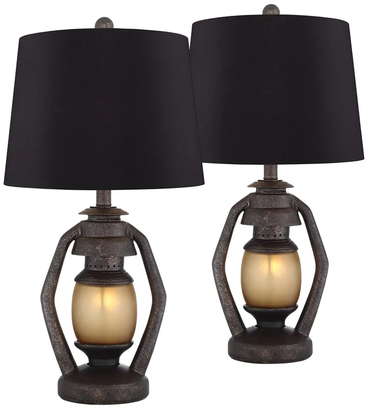 Franklin Iron Works Horace Rustic Farmhouse Industrial Table Lamps 25.25" High Set of 2 with Nightlight Bronze Black Faux Silk Drum Shade for Living Room Bedroom House Bedside Nightstand Home