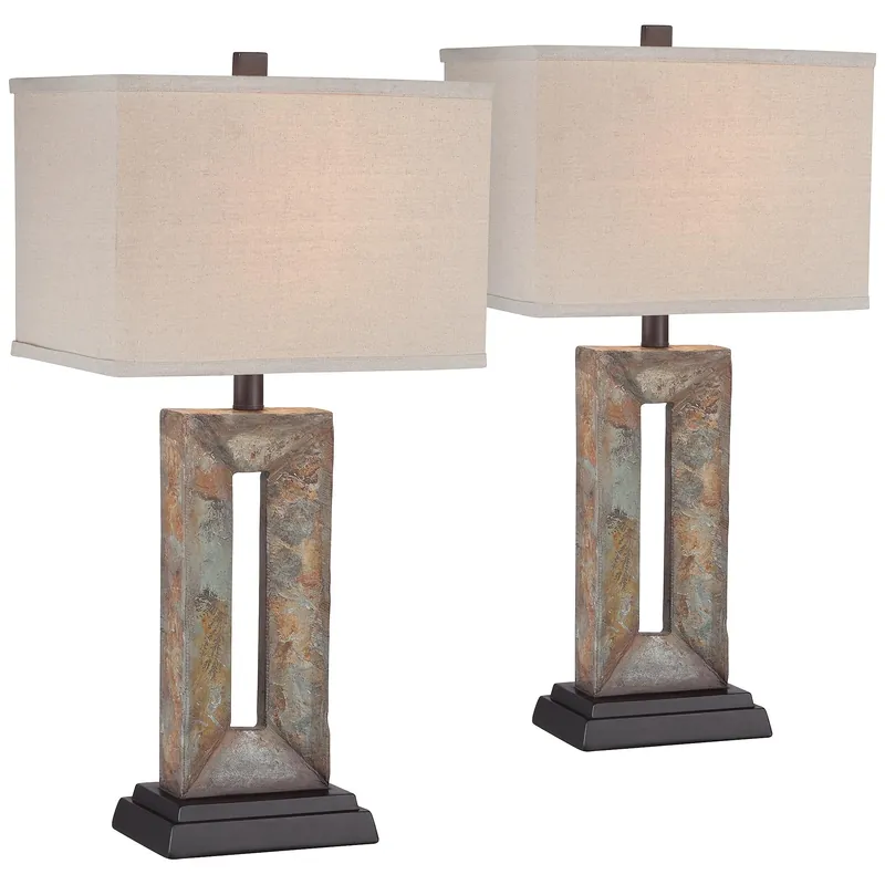 Franklin Iron Works Tahoe Small Rustic Traditional Style Table Lamps 26" High Set of 2 Natural Stale Open Base Rectangular Box Shade for Living Room Bedroom House Bedside Home (Colors May Vary)