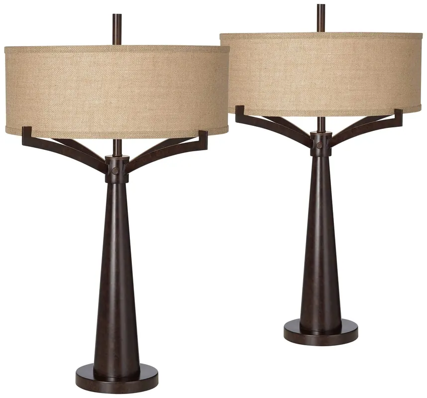 Franklin Iron Works Tremont Mid Century Modern Industrial Table Lamps 31.5" Tall Set of 2 Rich Bronze Iron Burlap Fabric Drum Shade for Living Room Bedroom House Bedside Nightstand Home Office