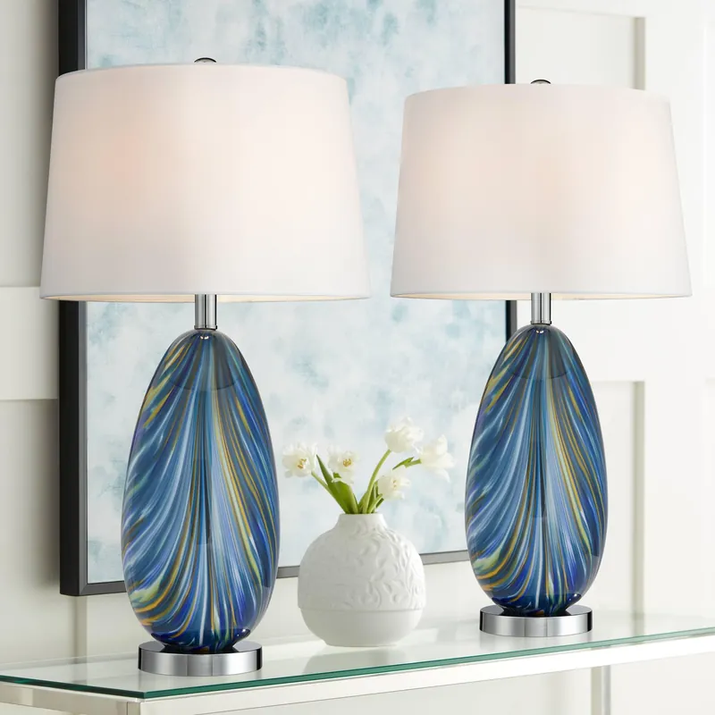 Possini Euro Design Pablo 27" Tall Modern Coastal Table Lamps Set of 2 Blue Art Glass White Shade Living Room Bedroom Bedside Nightstand House Office Home Kitchen Entryway Console (Colors May Vary)