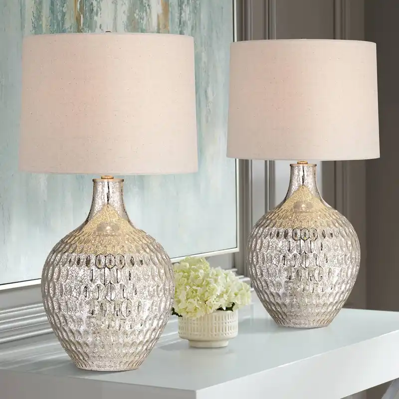 360 Lighting Waylon 28" Tall Modern Luxe Coastal End Table Lamps Set of 2 Silver Mercury Glass Off-White Shade Living Room Bedroom Bedside Nightstand House Office Home Kitchen Entryway