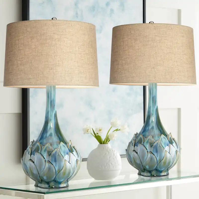 Possini Euro Design Kenya 29 1/2" Tall Modern Coastal Tropical End Table Lamps Set of 2 Blue Green Ceramic Beige Shade Living Room Bedroom Bedside Nightstand House Office Home (Colors May Vary)