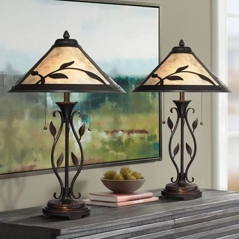Franklin Iron Works Feuille 23 3/4" High Leaf and Vine Small Farmhouse Rustic Country Cottage Core Accent Table Lamps Set of 2 Pull Chain Brown Living Room Bedroom Bedside Nightstand Mica Shade