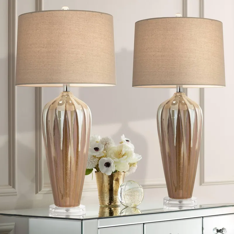 Possini Euro Design Loren 28 1/4" Tall Modern End Table Lamps Set of 2 Ivory Handcrafted Brown Ceramic Living Room Bedroom Bedside Nightstand House Office Home Reading Kitchen Entryway Console