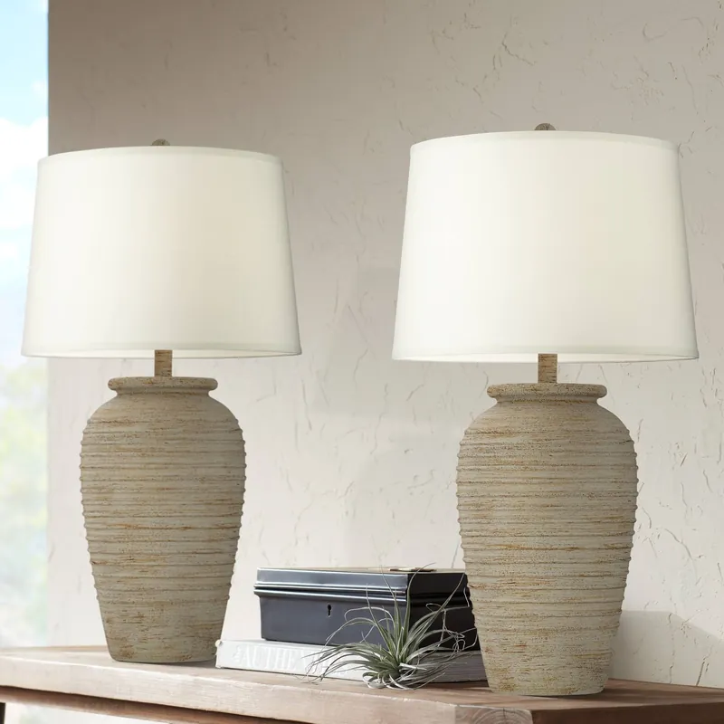 John Timberland Austin 28" Tall Jug Southwest Farmhouse Rustic Modern Table Lamps Set of 2 Sand Toned Ridged Finish Cream Shade Living Room Bedroom Bedside Nightstand House Office Home Kitchen