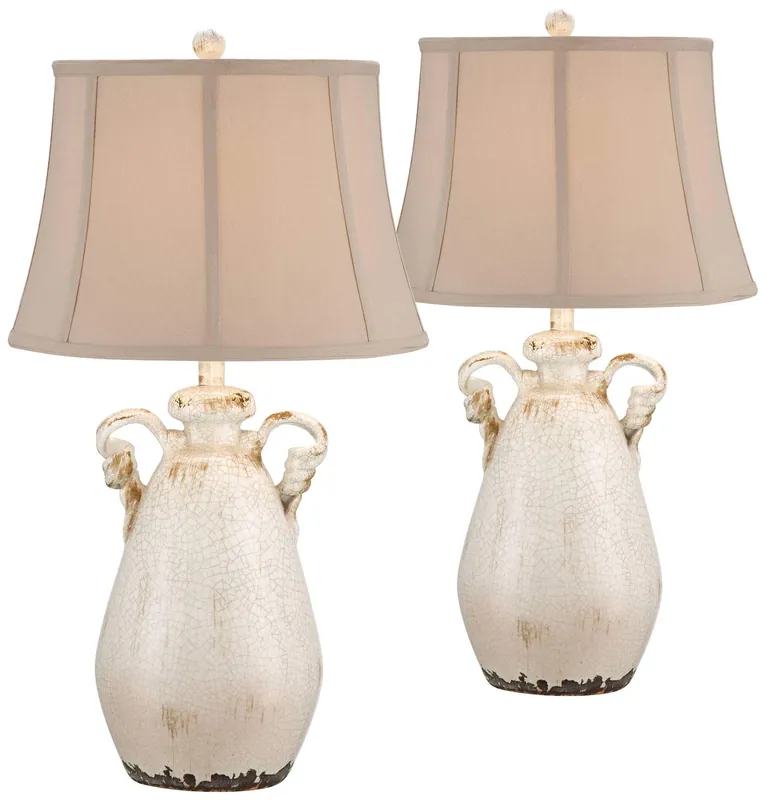 Regency Hill Isabella Rustic Country Cottage Core Table Lamps 29" Tall Set of 2 Crackled Ivory Glaze Ceramic Handles Jar Beige Bell Shade for Bedroom Living Room House Bedside Nightstand Office