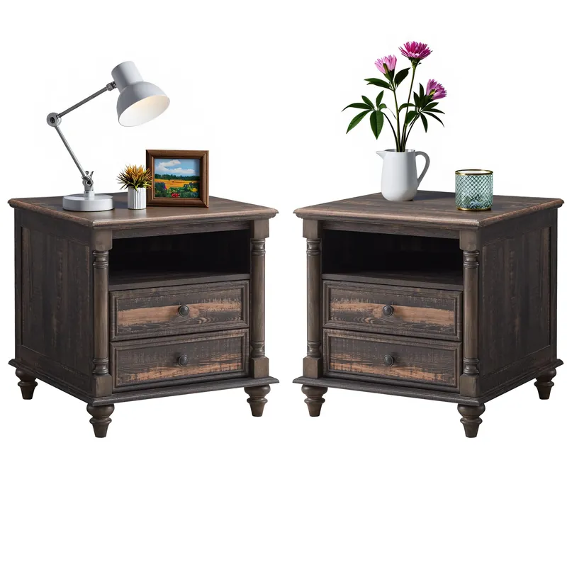 T4TREAM 24‘‘ Farmhouse End Table w/4 Solid Wood Feet Set of 2, Large 2 Drawers Sofa Side Table with Charging Station, Rustic Wood Square Nightstand for Living Room, Bedroom, Office, Dark Rustic Oak
