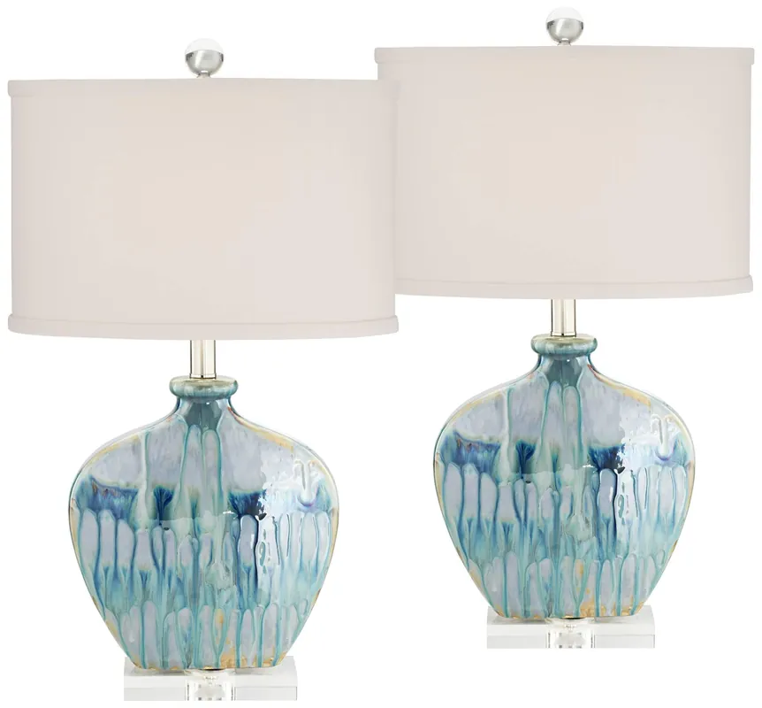 Possini Euro Design Mia Coastal Modern Style Table Lamps 25" High Set of 2 Ceramic Blue Drip Off White Shade Decor for Living Room Bedroom Beach House Bedside Nightstand (Colors May Vary)