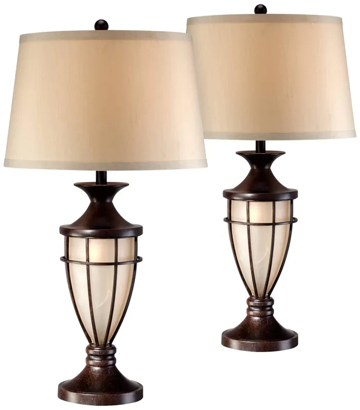 John Timberland Mission Cage Table Lamps 33" Tall Set of 2 with Nightlight Lantern Brushed Iron Brown Beige Fabric Shade for Living Room Bedroom House Bedside Nightstand Home Office Entryway