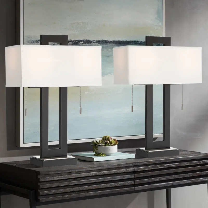 360 Lighting Neil 26" High Rectangular Rustic Modern Table Lamps Set of 2 USB Port Pull Chain Black Metal White Shade Living Room Charging Bedroom Bedside Nightstand House Office Entryway