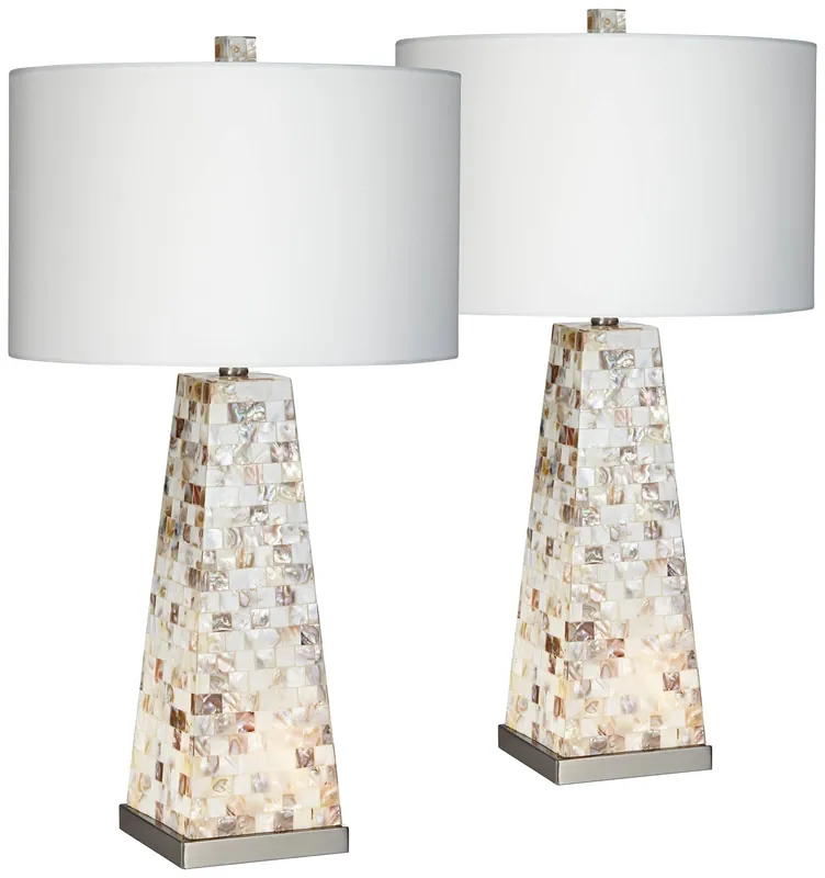 Possini Euro Design Lorin Coastal Table Lamps 29" Tall Set of 2 with Nightlight Mother of Pearl Handmade White Drum Shade Decor for Living Room Bedroom House Bedside Home Office (Color May Vary)