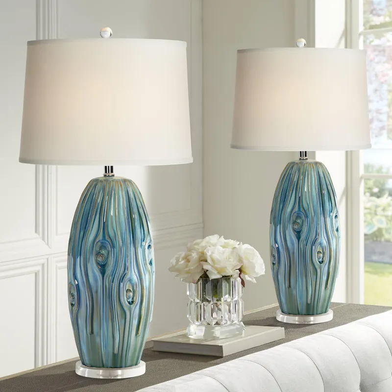 Possini Euro Design Eneya 31" Tall Large Modern End Table Lamps Set of 2 Blue-Green Ceramic Off-White Shade Living Room Bedroom Bedside Nightstand House Office Home Reading (Colors May Vary)