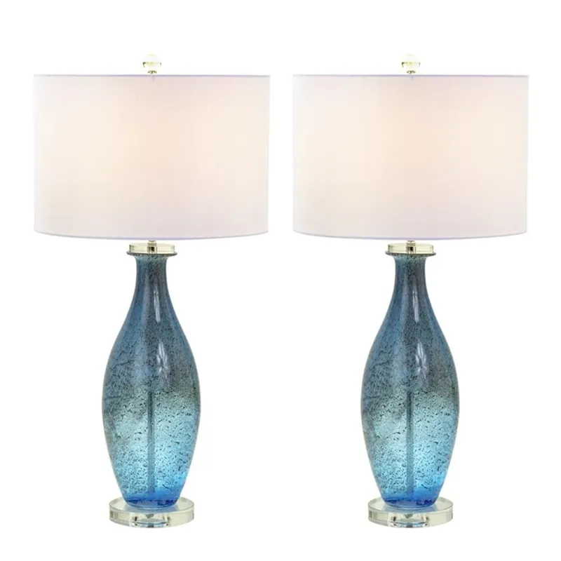 Pemberly Row Contemporary Table Lamps, 30-Inch Blue Tone Art Glass Body with Crystal Base, Linen Shade, 3-Way Switch, Coastal Style for Living Room or Bedroom Lighting, Set of 2