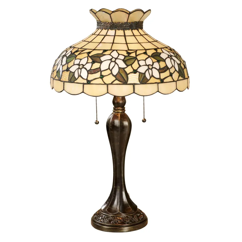 Touch of Class Maylea Magnolia Stained Glass Table Lamp Ivory 20.5 Inches High - Tiffany Style Lighting for Bedroom, Living Room, Office, Hotel