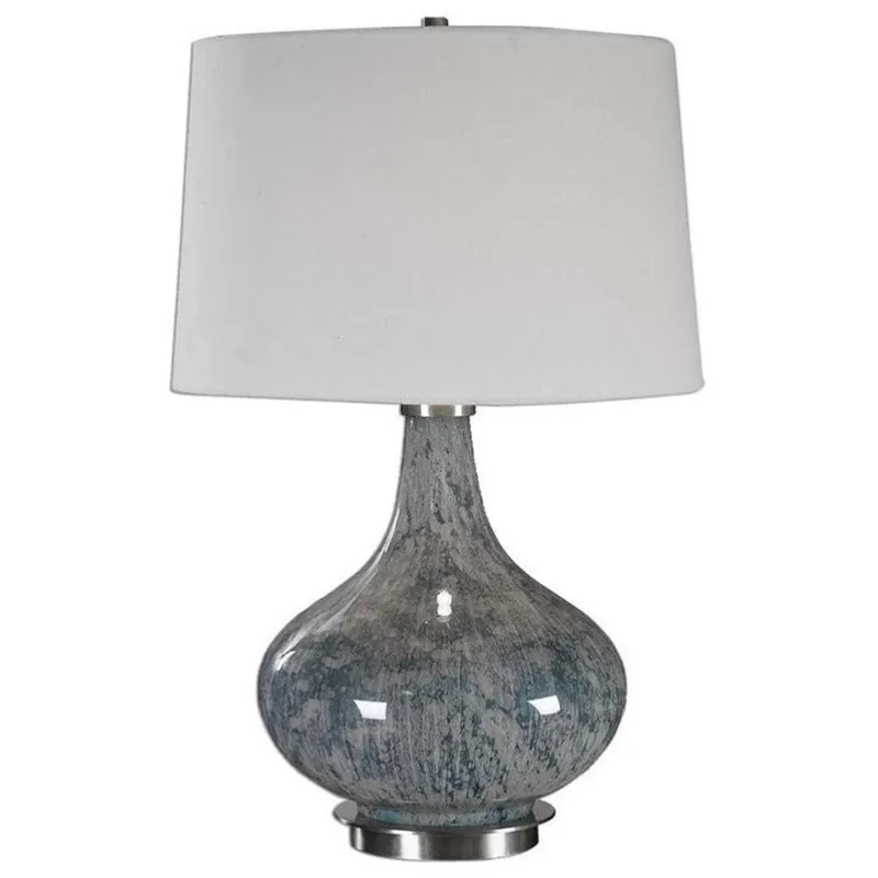BOWERY HILL Contemporary Table Lamp, Blue Gray Glass with Brass Accents, 24.75 in Height, Ivory Linen Shade, Slightly Tapered Hardback, Indoor Use, Modern Lighting for Living Room or Bedroom