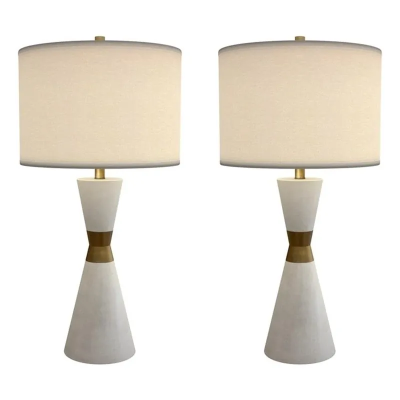 Pemberly Row 30.5" Hourglass Resin & Metal Table Lamps, Matte White Finish with Brushed Gold Band, Linen Shade, 3-Way Switch, Modern Set of 2 for Living Room, Bedroom, or Office