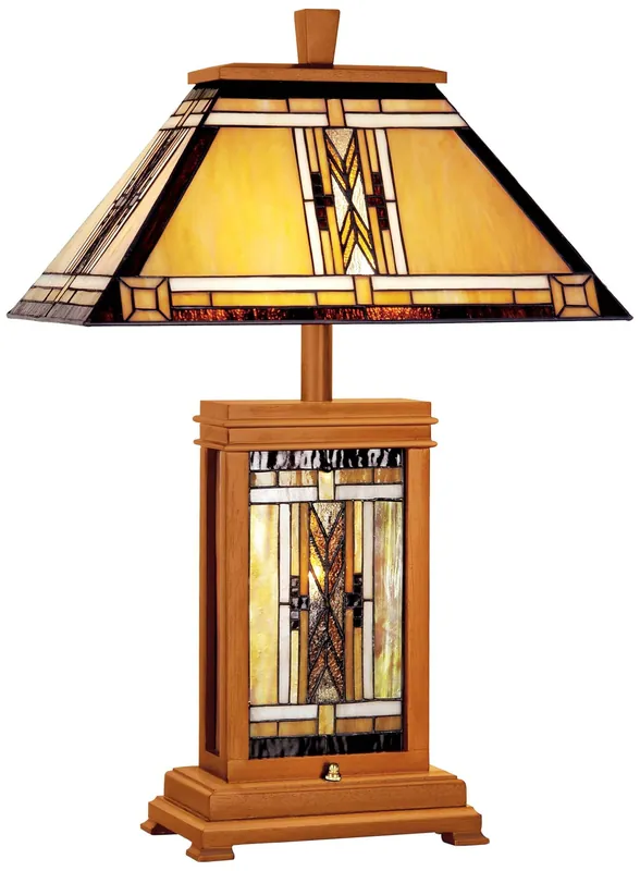 Robert Louis Tiffany Walnut Mission Collection Rustic Table Lamp with Nightlight 27" Tall Wood Base Tiffany Style Antique Stained Art Glass Shade for Cottage Core Living Room Bedroom Nightstand