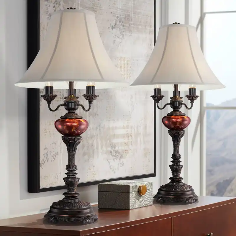 Barnes and Ivy Rhys 34" Tall Large Traditional End 3-Way Table Lamps Set of 2 Bronze Finish Metal Tortoise Shell Glass Off-White Shade Living Room Bedroom Bedside Nightstand House Office Home