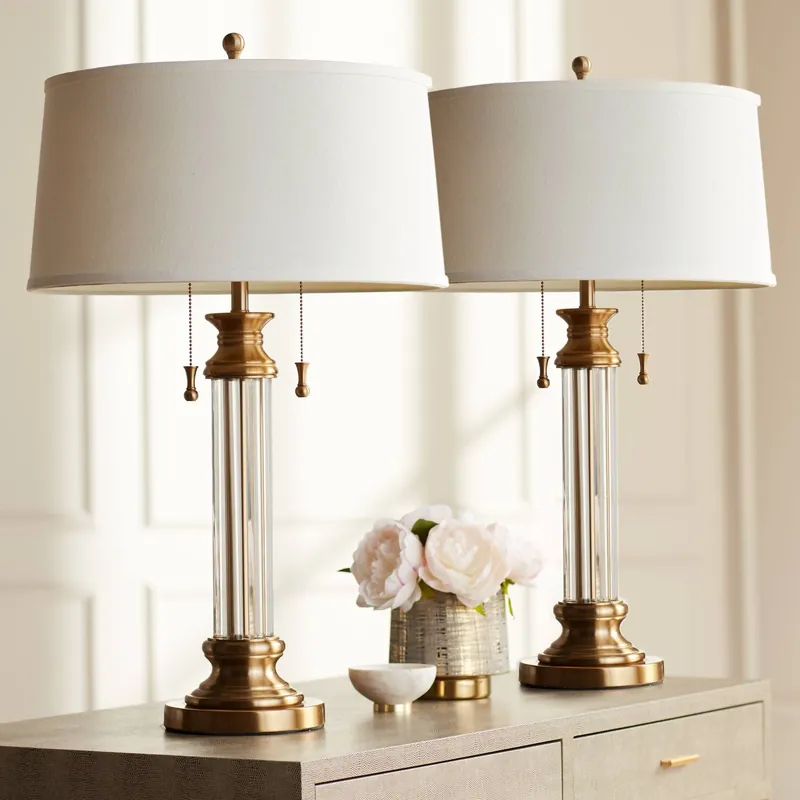 Vienna Full Spectrum Rolland Traditional Table Lamps 30" Tall Set of 2 Clear Glass Column Antique Brass Gold Off-White Fabric Drum Shade for Bedroom Living Family Room Bedside Nightstand House Home