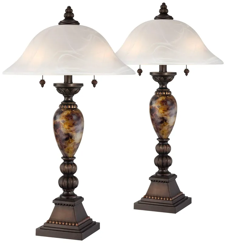 Kathy Ireland Mulholland Traditional Vintage Table Lamps 27" Tall Set of 2 Aged Bronze Faux Marble White Alabaster Glass Dome Shade for Living Room Bedroom House Bedside Nightstand Office