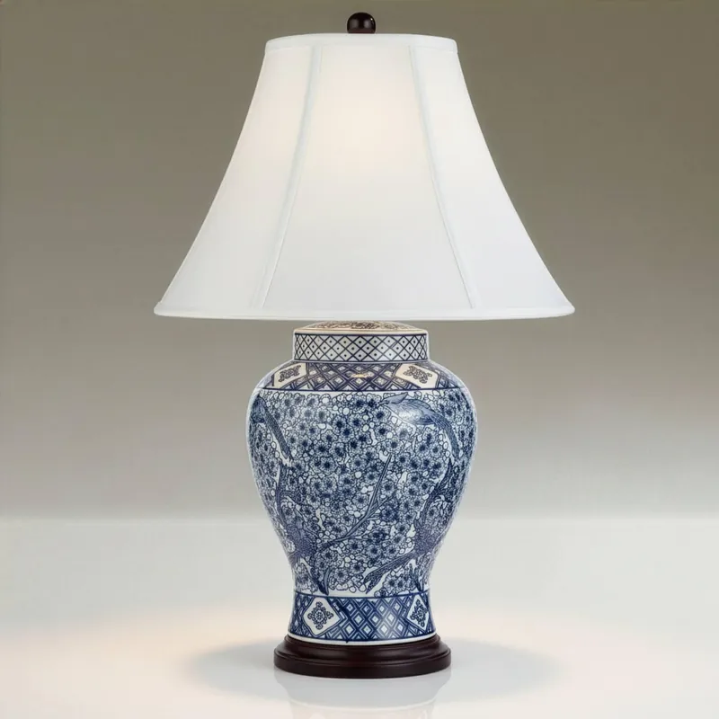 Barnes and Ivy Shonna Traditional Asian Chinese Ginger Jar 3-Way Table Lamps with Table Top Dimmer 27" Tall Blue Porcelain White Shade for Living Room Bedroom House Bedside Nightstand Home Office
