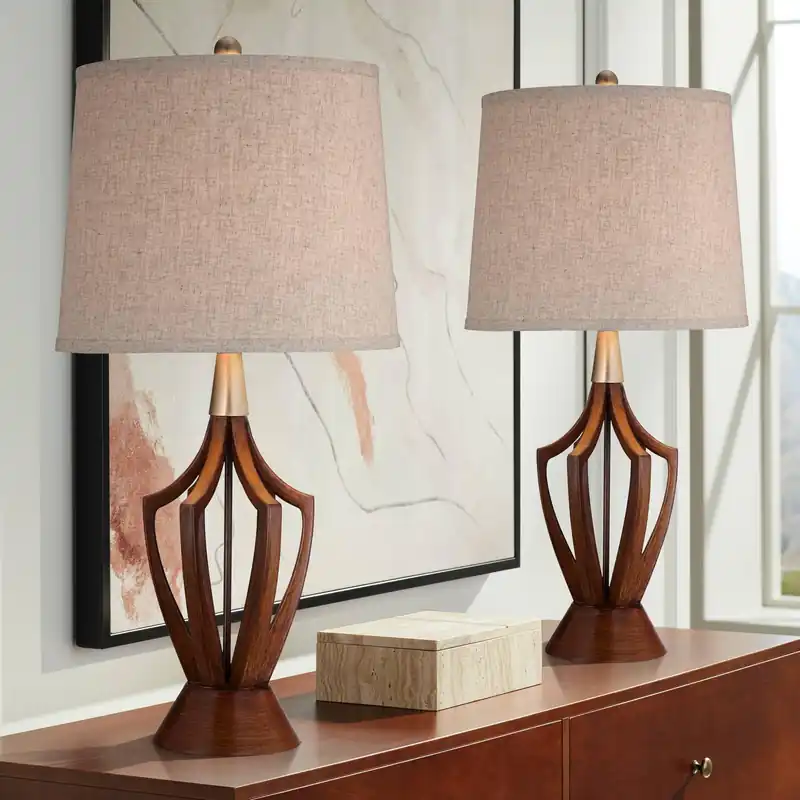 360 Lighting St. Claire 30 3/4" Tall Open Base Large Mid Century Modern End Table Lamps Set of 2 Wood Finish Fabric Shade Living Room Bedroom Bedside Nightstand House Office Home Reading Kitchen