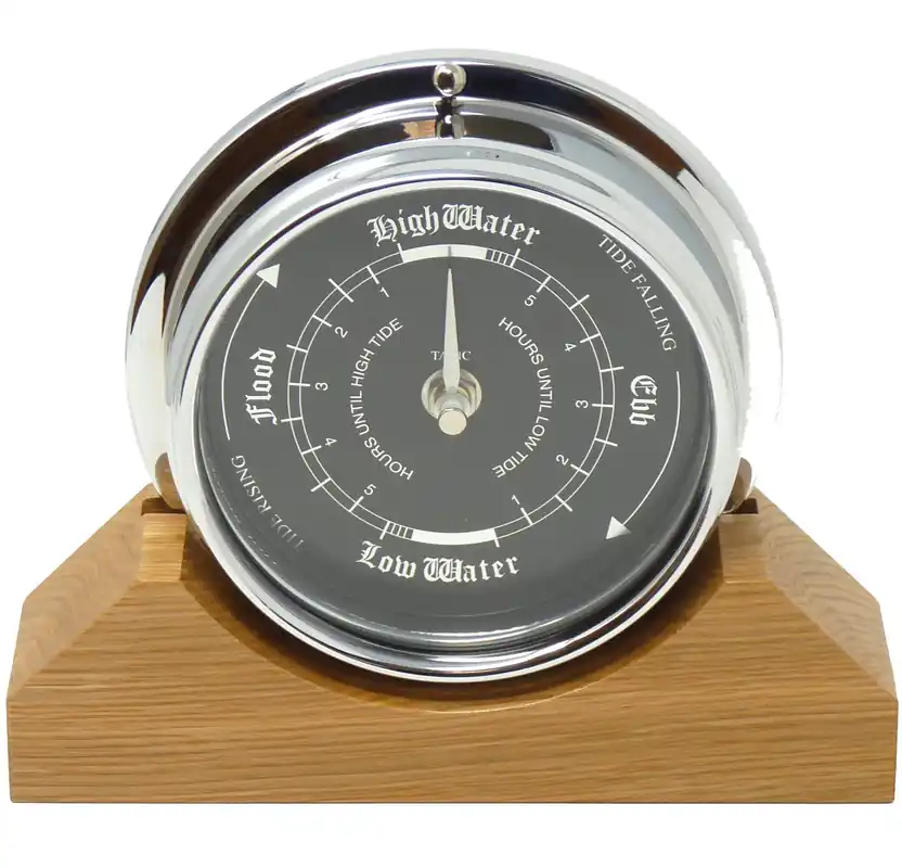 Tabic Prestige Tide Clock in Chrome on an English Oak Mantel/Display Mount - Handmade Nautical Timepiece for Coastal Ambiance - Perfect Wall Decor