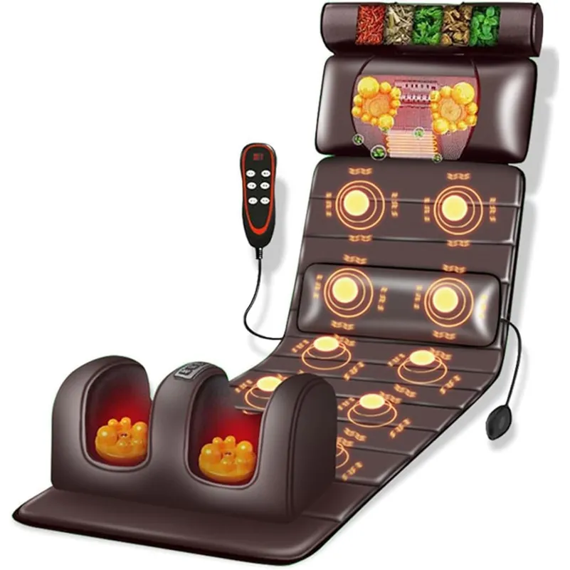 Relaxing Full Body Massage Mat with Heat & Vibration Therapy, 10 Powerful Motors, 9 Adjustable Modes & Timer for Neck, Back & Muscle Pain Relief - Brown Color