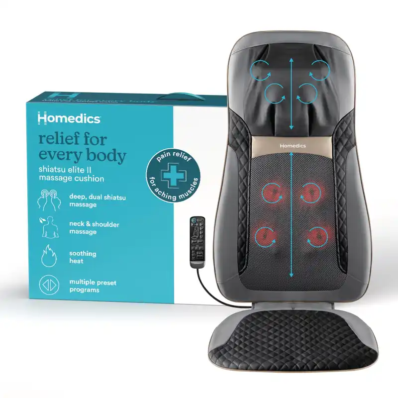 HoMedics Back Massager with Heat, Shiatsu Elite II Heated Neck and Back Massage Cushion. 3 Different Massage Styles and 3 Massage Zones. Comes with Controller and Chair Straps