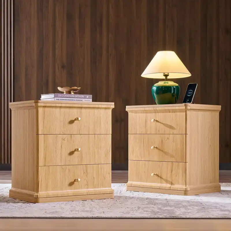 ALLTUFO 23.6‘‘ Tall Modern Nightstand Set of 2, Wood Bedside Table with Charging Station, Mid Century End Table with 3 Storage Drawers, for Bedroom, Living Room, Curved Waterfall Edge, Natural Oak