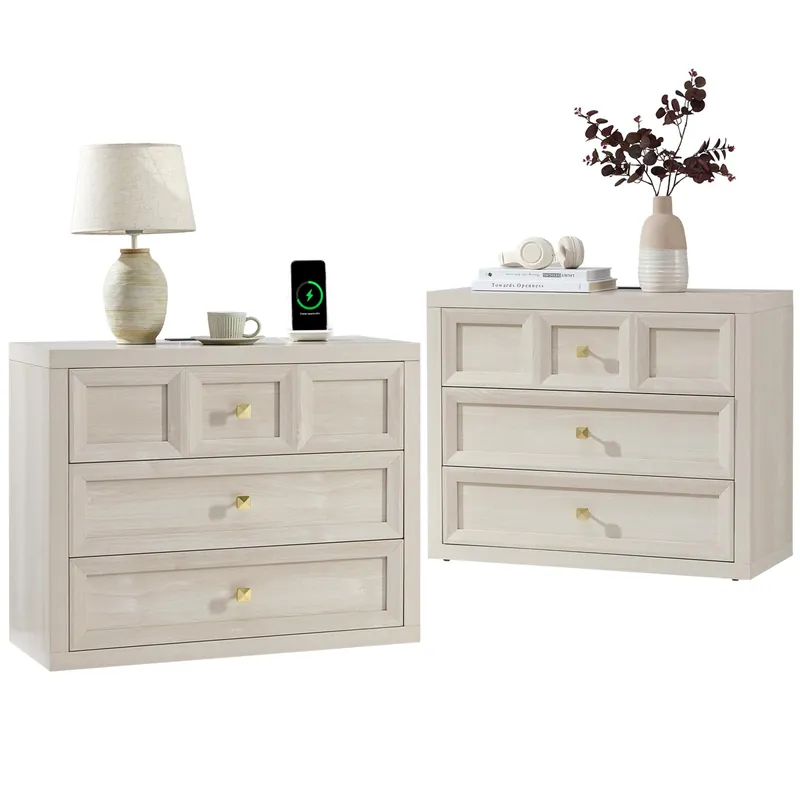 NOWABAY Nightstand Set of 2 W/Charging Station, 30.7" W King Size Bedside Table with 3 Drawers, Accent End Table W/Large Storage, Modern Wood Side Table for Bedroom,Office, Beige