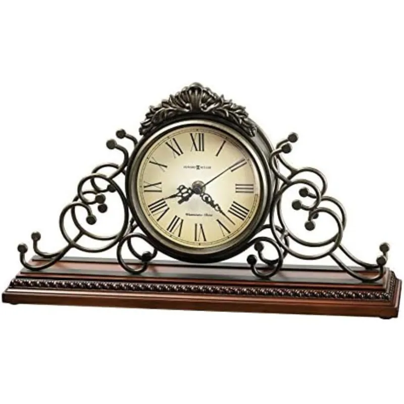 Howard Miller Waucedah Mantel Clock II 549-618 – Wrought-Iron Frame, Antique Warm-Grey Finish, Windsor Cherry Finish, Decorative Molding, Quartz Movement