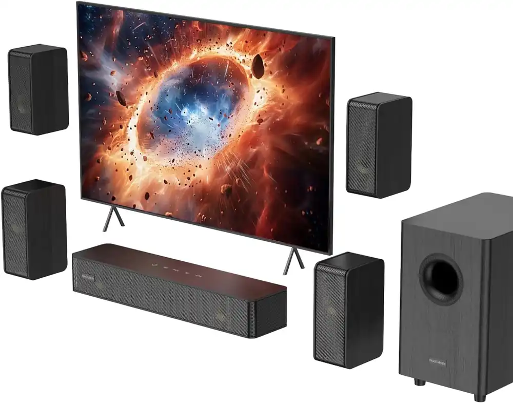 5.1.2 Virtual Surround Sound System for Small Rooms, Compact Smart TV Sound Bars Home Theater w/4 Wired Speakers, Clear Voice & Deep Bass, 5.25‘‘ Wired Subwoofer Soundbar Easy Setup, ARC/OPT/BT, 2026