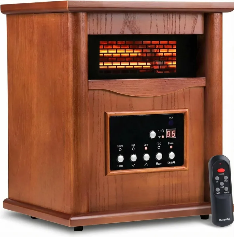 Nordic Hygge Portable Space Heater, 1500W Electric Infrared Heater for Indoor Use, Living Room, Bedroom, Office - Remote Control, 12H Timer, 3 Heat Settings, Overheat & Tip-Over Safety, Light Oak